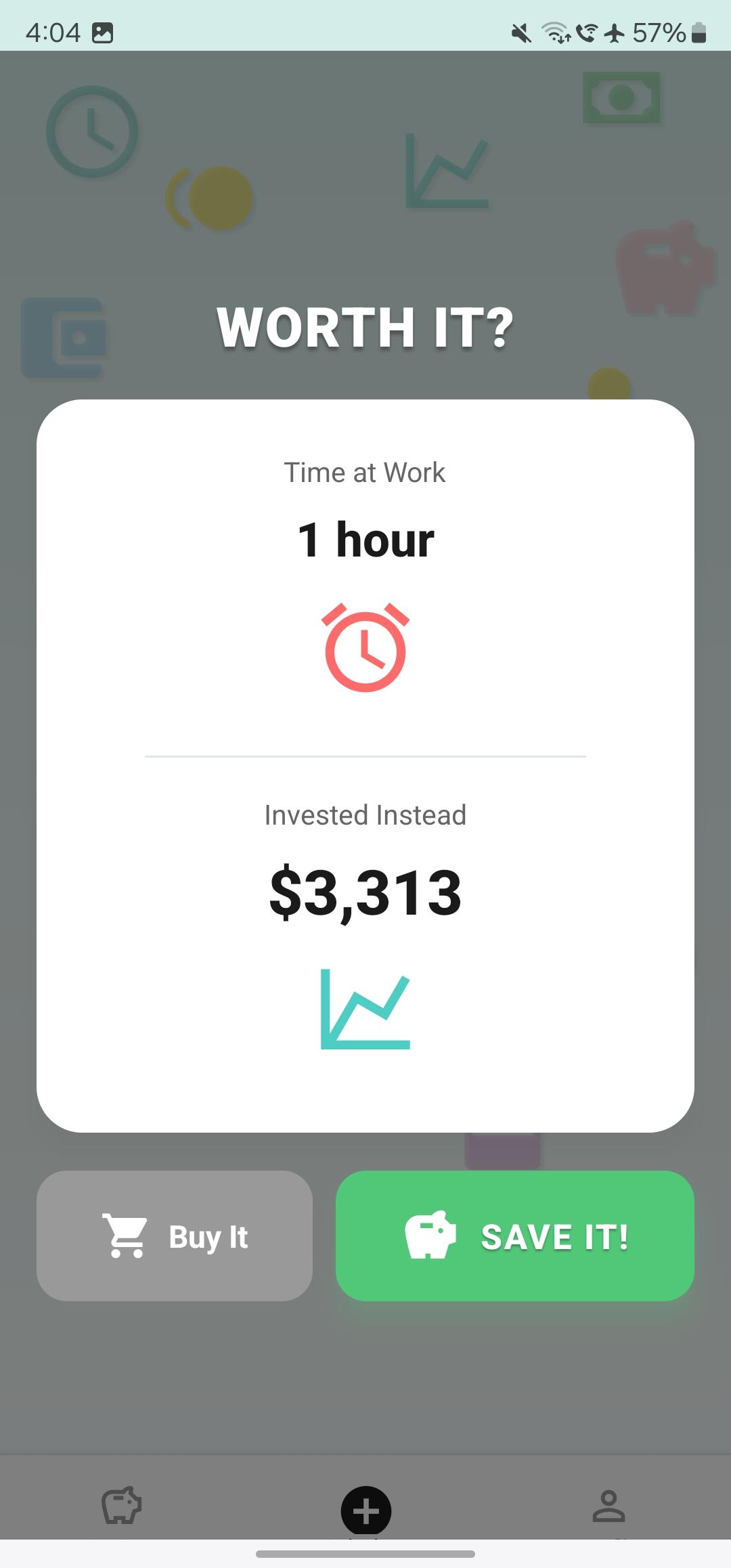 SaveIt shows a $50 purchase costs 1 hour of work