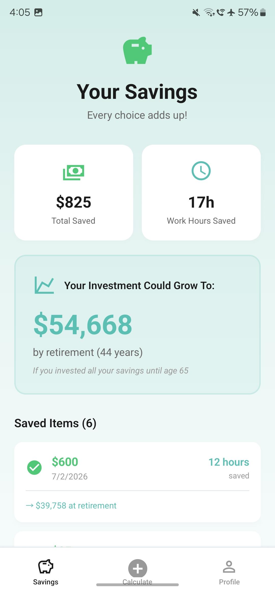 SaveIt savings tracking screen